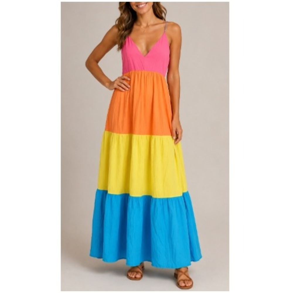 Popvil Women's Multi Block Strap Vacation Regular Maxi Dress Size L NWT